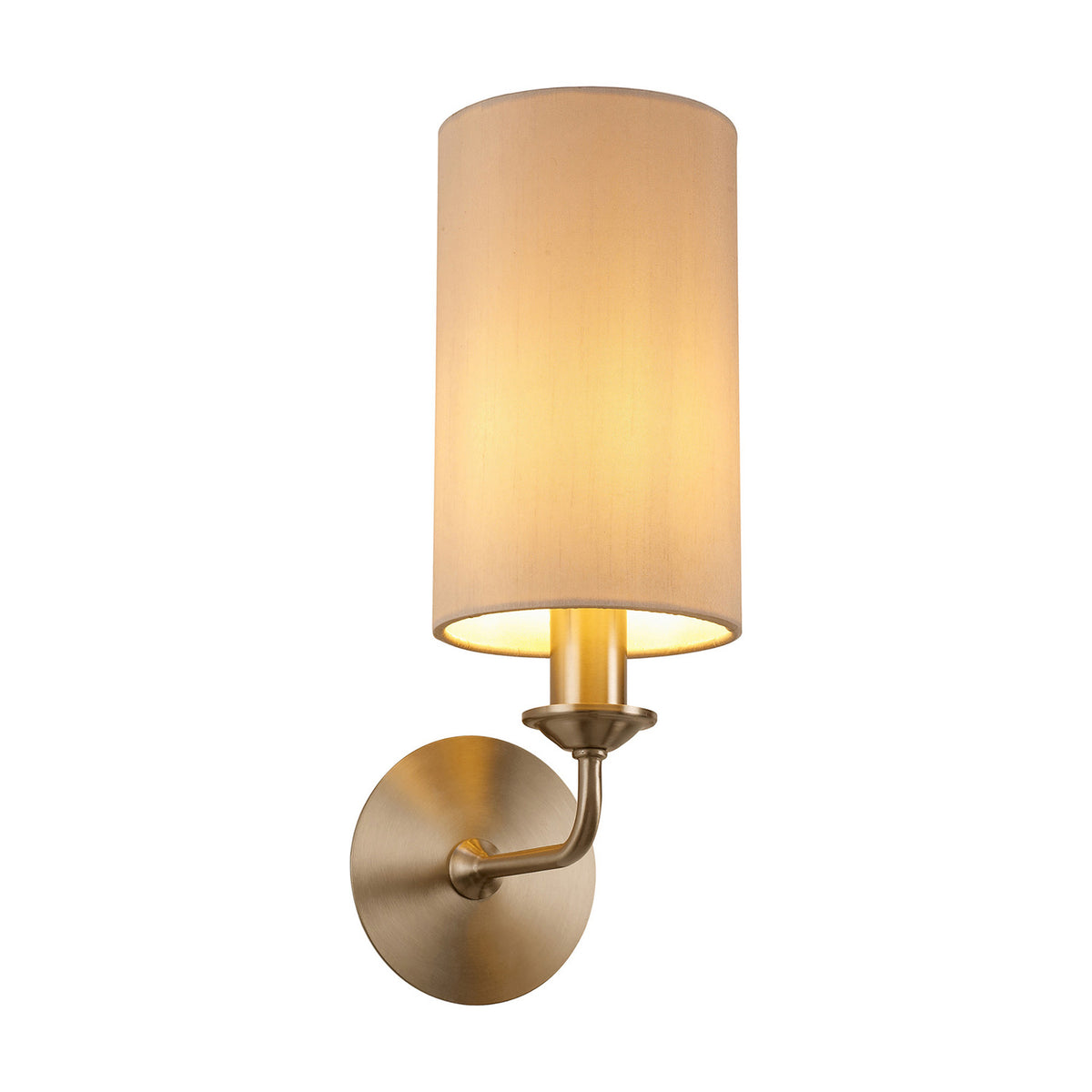 Banyan Wall Light, 35.5cm high, single-arm design in satin nickel with a cylindrical nude beige fabric shade, shown lit against a plain white background.