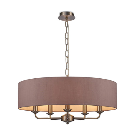 Banyan 5 Light E14 Pendant Light 60cm, a taupe drum shade fixture with gold lining on satin nickel arms and chain suspension, shown on a plain white background.