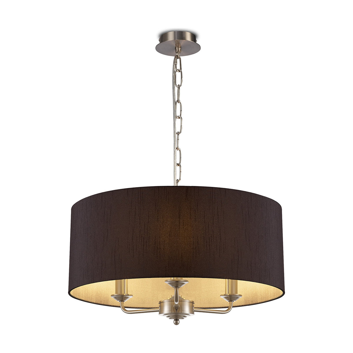 Banyan 3 Light E14 Pendant Light with a 50cm black faux silk drum shade on satin nickel candle arms and chain suspension, shown on a plain white background.