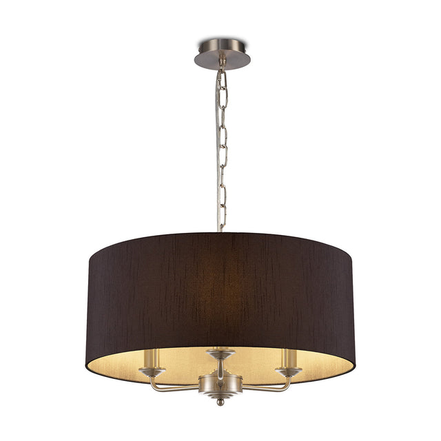 Banyan 3 Light E14 Pendant Light with a 50cm black faux silk drum shade on satin nickel candle arms and chain suspension, shown on a plain white background.