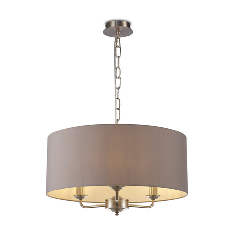 Banyan 3 Light E14 Pendant Light with a wide 50cm grey faux silk drum shade, satin nickel arms and ceiling chain, shown on a plain white background.