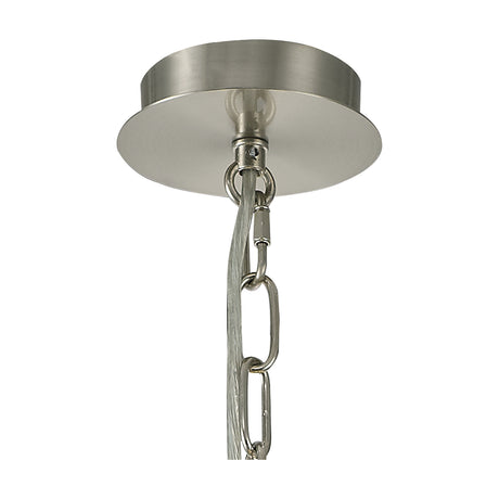 Close-up of the Banyan pendant light's satin nickel ceiling rose and chain links, shown against a plain white background.