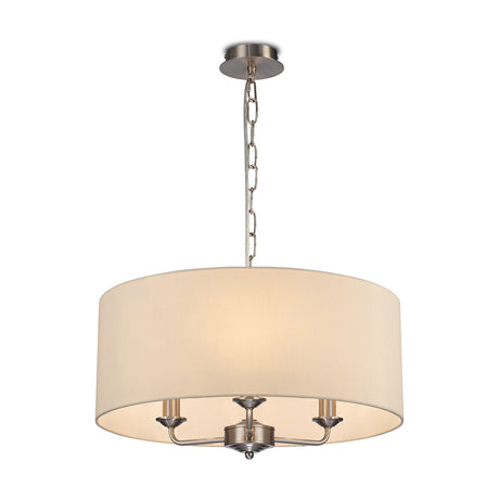 Banyan 3 Light E14 Pendant, 50cm ivory pearl drum shade on satin nickel arms and chain suspension, shown on a plain white background.
