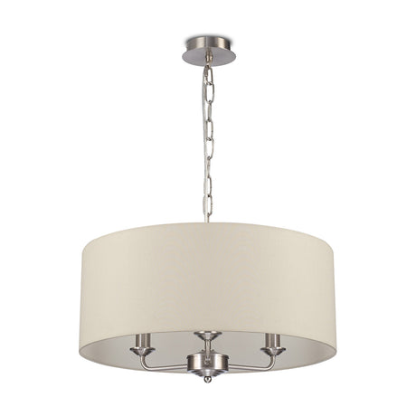 Banyan 3 Light E14 Pendant Light 50cm, ivory pearl fabric drum shade on satin nickel arms and chain suspension, shown on a plain white background.