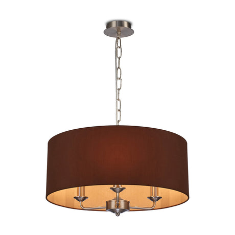 Banyan 3 Light E14 Pendant Light in satin nickel, with a wide 50cm raw cocoa fabric drum shade and bronze inner face, hung on a chain against a plain white background.