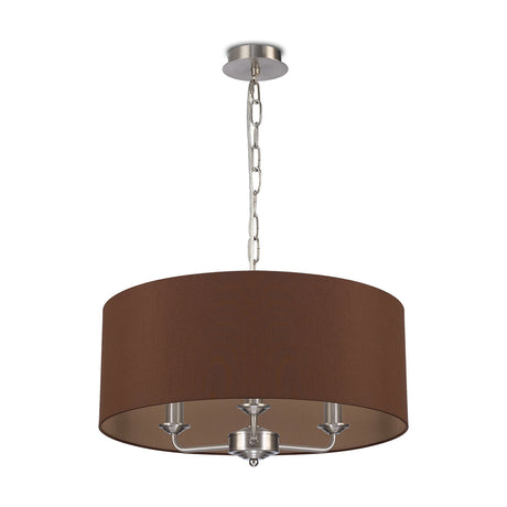 Banyan 3 Light E14 Pendant Light with raw cocoa fabric drum shade, 50cm width, satin nickel arms and chain, shown on a plain white background.