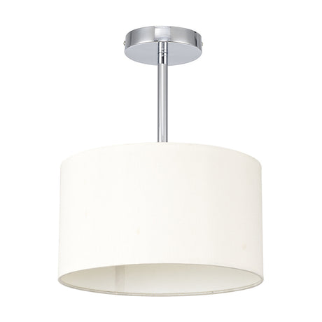 Baymont E27 semi flush ceiling light with polished chrome frame and rod, ivory fabric drum shade with white lining, shown on a plain white background.