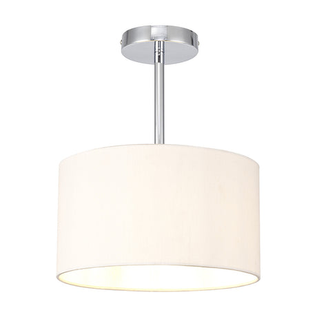 Baymont semi-flush ceiling light with a nude beige fabric drum shade and polished chrome rod and ceiling plate, shown on a plain white background.
