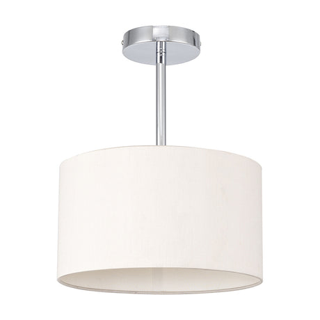 Baymont E27 semi flush ceiling light with a shallow nude beige drum shade and polished chrome ceiling plate and rod, shown on a plain white background.