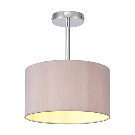 Baymont semi flush ceiling light with a taupe faux silk drum shade and gold inner lining on a polished chrome frame, shown on a plain white background.