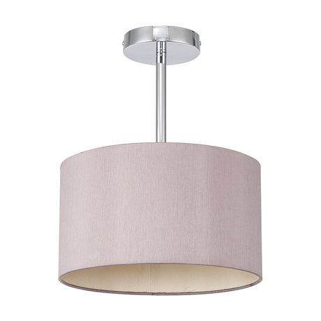 Baymont Semi Flush Ceiling Light with a taupe faux silk drum shade and gold-toned inner lining on a polished chrome ceiling mount, shown on a plain white background.