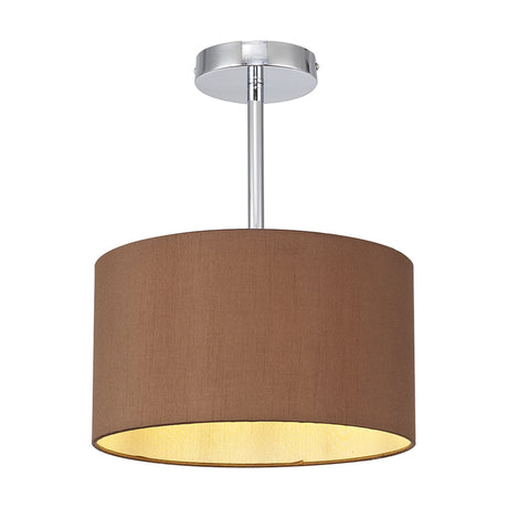 Baymont E27 semi-flush ceiling light with a raw cocoa fabric drum shade and grecian bronze inner lining on a polished chrome fitting, shown against a plain white background.