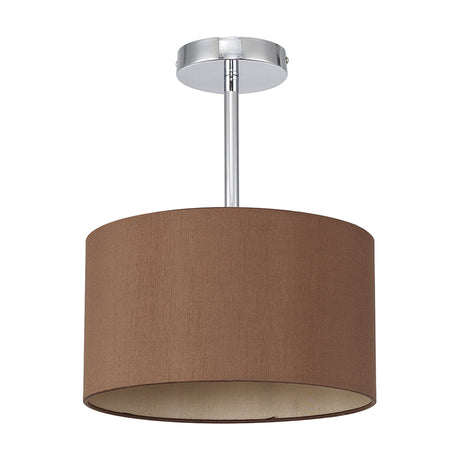 Baymont E27 semi-flush ceiling light with a raw cocoa faux silk drum shade, bronze interior, and polished chrome fitting on a plain white background.