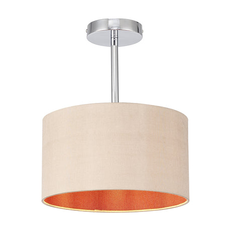 Baymont Semi Flush Ceiling Light with a cream fabric drum shade and orange lining, mounted on a polished chrome bar and ceiling plate, shown on a plain white background.
