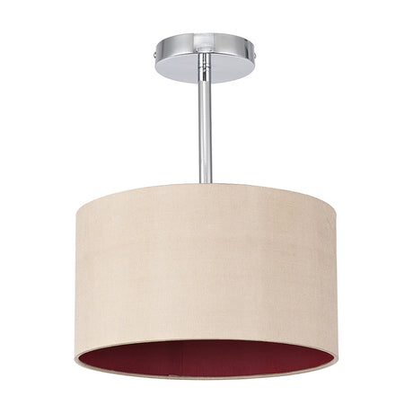 Baymont semi-flush ceiling light with a 30cm drum shade, antique gold fabric exterior and red lining, on a polished chrome rod and ceiling plate, shown on a white background.