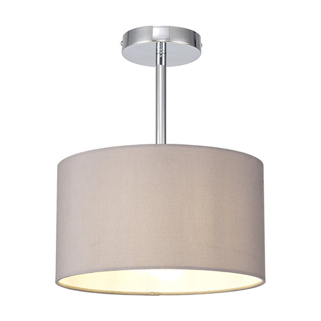 Baymont Semi Flush Ceiling Light with a grey fabric drum shade and white laminate interior, polished chrome ceiling plate and rod, on a plain white background.