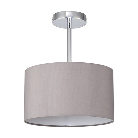 Baymont semi flush ceiling light with a grey faux silk drum shade, white laminate lining, and polished chrome ceiling plate and stem, shown on a plain white background.