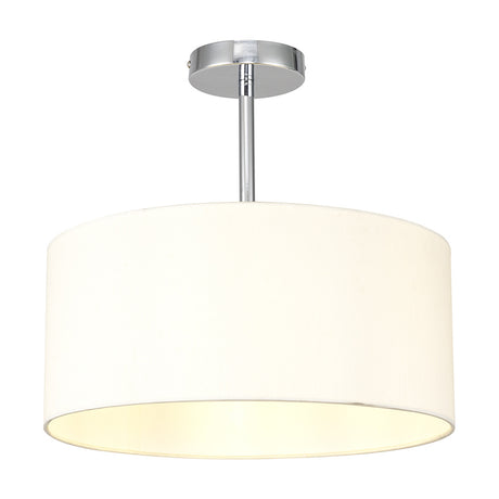 Baymont Semi Flush Ceiling Light in ivory pearl faux silk drum shade with polished chrome ceiling plate and rod, shown on a plain white background.