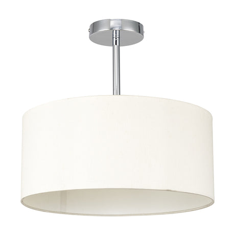 Baymont Semi Flush Ceiling Light in Ivory Pearl faux silk with a polished chrome ceiling plate and rod, drum shade shown on a plain white background.