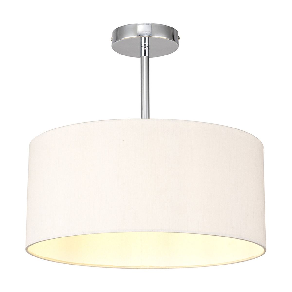 Baymont E27 semi-flush ceiling light with a wide beige faux silk drum shade and polished chrome mounting rod, shown against a plain white background.