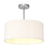Baymont E27 semi-flush ceiling light with a wide beige faux silk drum shade and polished chrome mounting rod, shown against a plain white background.