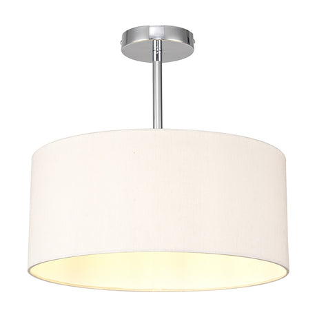 Baymont E27 semi-flush ceiling light with a wide beige faux silk drum shade and polished chrome mounting rod, shown against a plain white background.