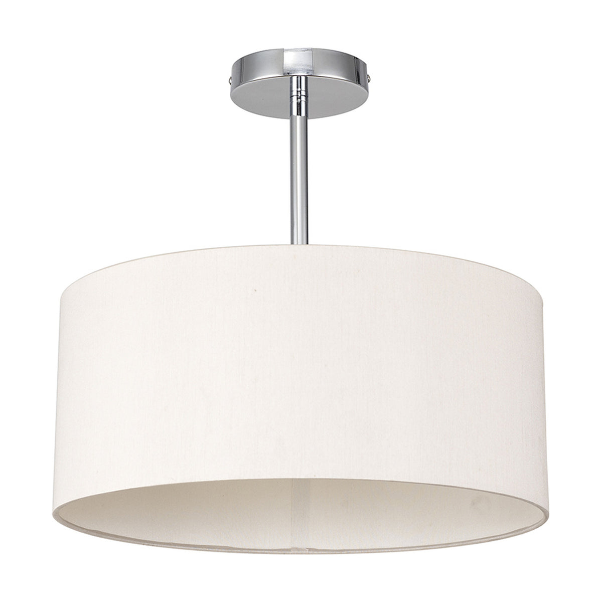 Baymont 40cm semi-flush ceiling light with a wide beige faux silk drum shade on a short polished chrome rod and ceiling mount, shown against a plain white background.