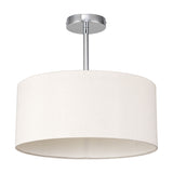 Baymont 40cm semi-flush ceiling light with a wide beige faux silk drum shade on a short polished chrome rod and ceiling mount, shown against a plain white background.