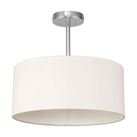 Baymont 40cm semi-flush ceiling light with a wide beige faux silk drum shade on a short polished chrome rod and ceiling mount, shown against a plain white background.