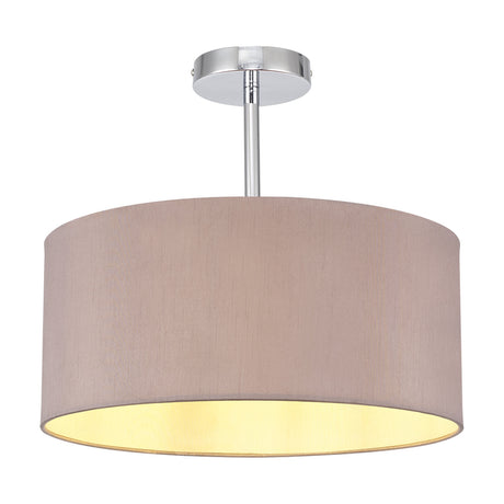 Baymont 40cm semi-flush ceiling light with a taupe faux silk drum shade and gold interior lining, mounted close to the ceiling on a polished chrome frame, shown on a plain white background.