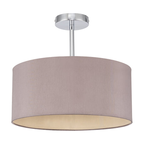 Baymont Semi Flush Ceiling Light 40cm in polished chrome, featuring a taupe faux-silk drum shade with gold-toned lining on a short chrome stem, shown against a plain white background.