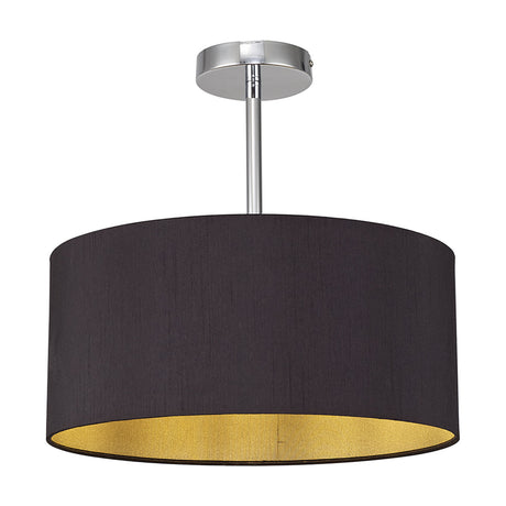 Baymont Semi Flush 40cm ceiling light with a black drum shade and gold-tone interior lining, polished chrome canopy and short stem, shown on a plain white background.
