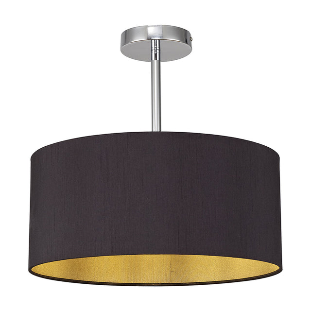 Baymont Semi Flush 40cm ceiling light with a black drum shade and gold-tone interior lining, polished chrome canopy and short stem, shown on a plain white background.