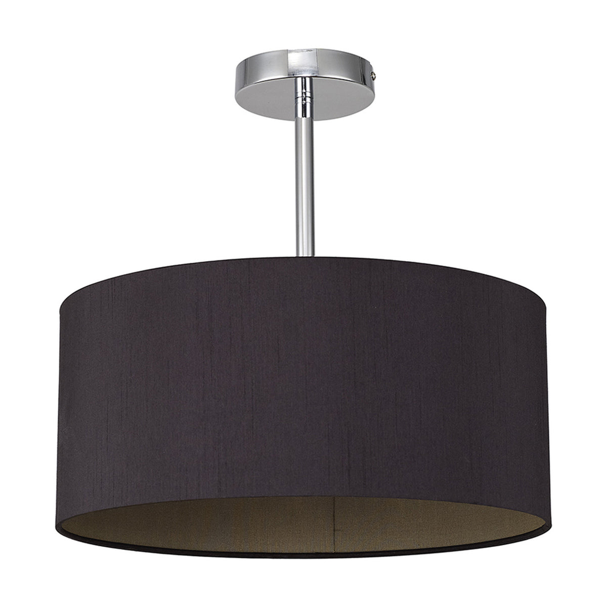 Baymont Semi Flush 40cm ceiling light with a midnight black drum shade and olive green lining, polished chrome canopy and stem, shown on a white background.