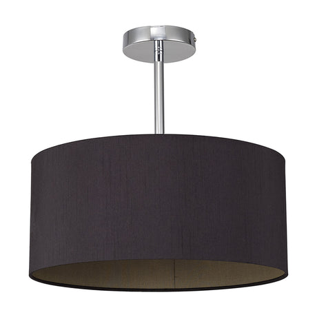 Baymont Semi Flush 40cm ceiling light with a midnight black drum shade and olive green lining, polished chrome canopy and stem, shown on a white background.