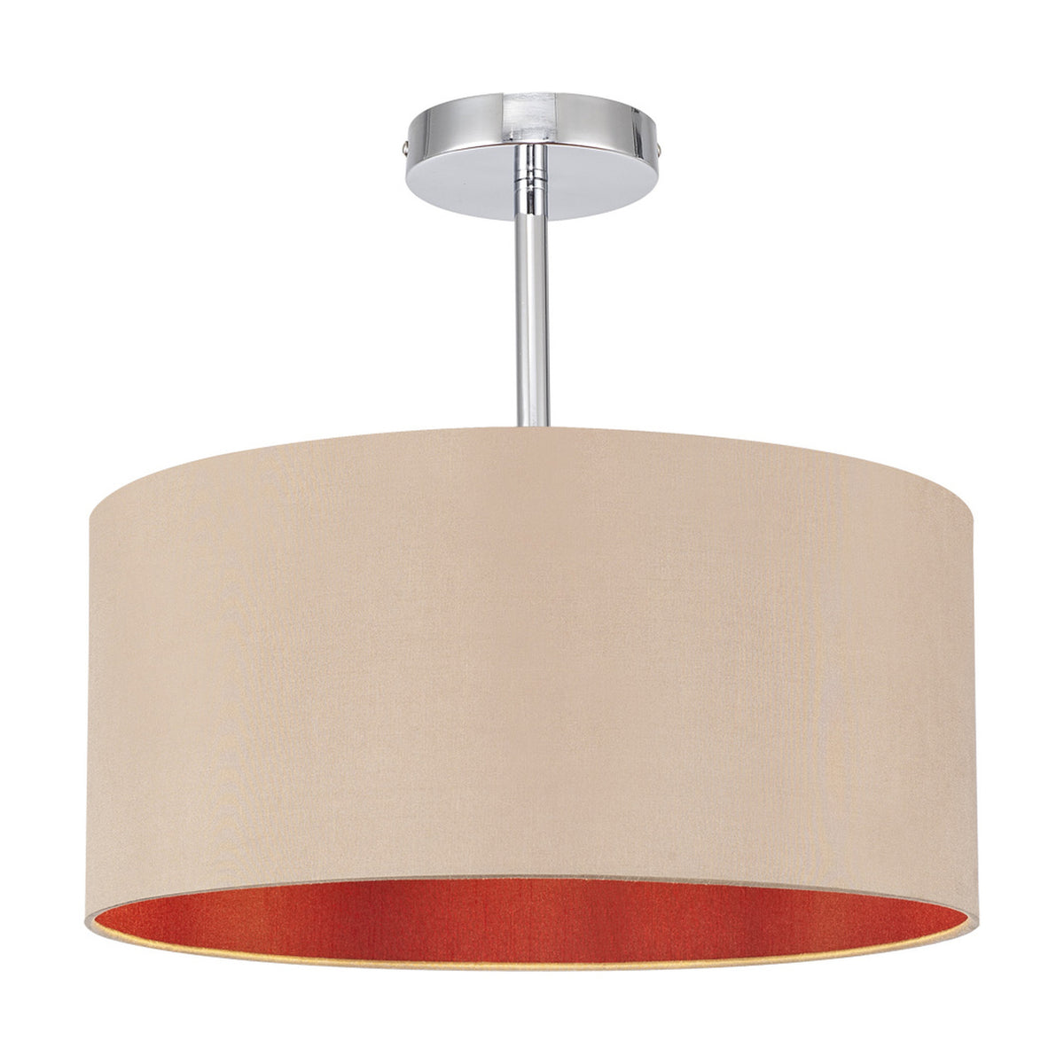Baymont semi-flush ceiling light with a 40cm wide beige faux silk drum shade lined in red, mounted on a polished chrome stem and ceiling plate, shown against a plain white background.
