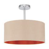 Baymont semi-flush ceiling light with a 40cm wide beige faux silk drum shade lined in red, mounted on a polished chrome stem and ceiling plate, shown against a plain white background.