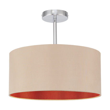 Baymont semi-flush ceiling light with a 40cm wide beige faux silk drum shade lined in red, mounted on a polished chrome stem and ceiling plate, shown against a plain white background.