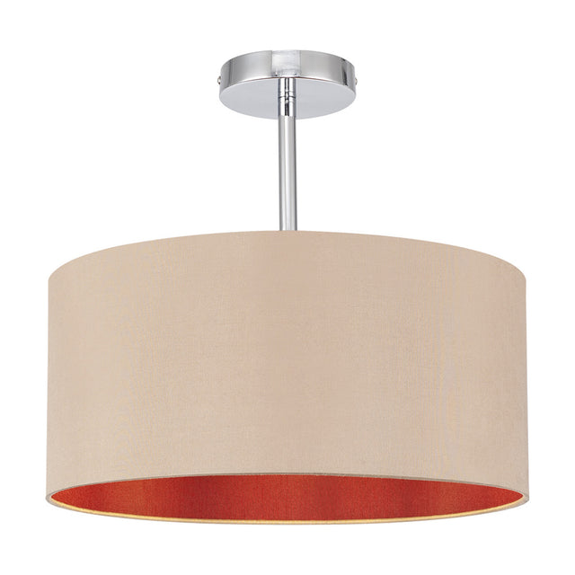 Baymont semi-flush ceiling light with a 40cm wide beige faux silk drum shade lined in red, mounted on a polished chrome stem and ceiling plate, shown against a plain white background.