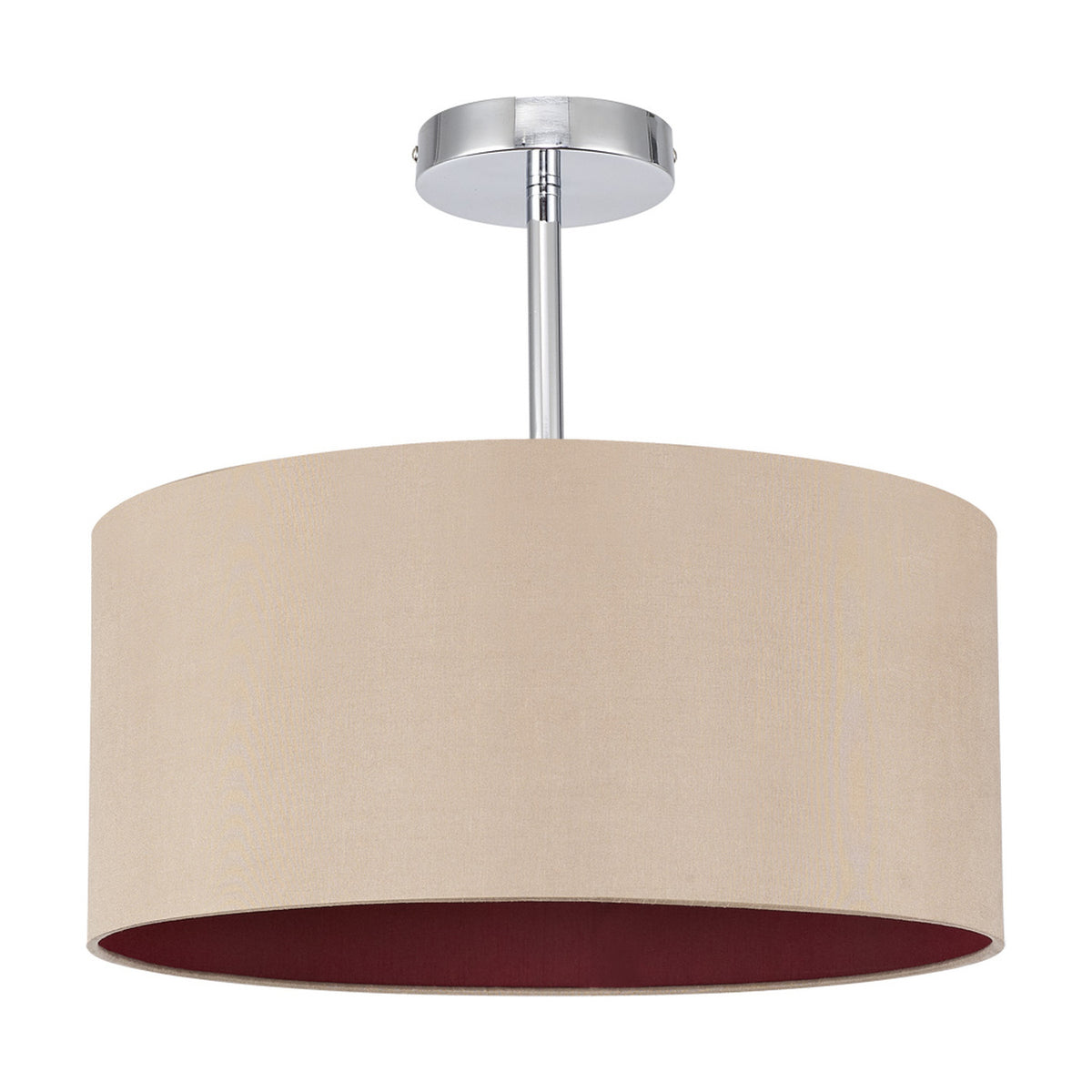 Baymont E27 semi-flush ceiling light with a 40cm wide beige drum shade, red interior lining, and polished chrome mounting stem, shown on a plain white background.
