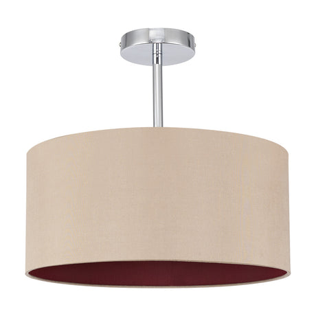 Baymont E27 semi-flush ceiling light with a 40cm wide beige drum shade, red interior lining, and polished chrome mounting stem, shown on a plain white background.