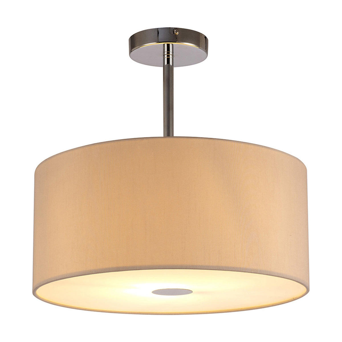 Baymont 40cm semi-flush ceiling light with beige faux silk drum shade, frosted acrylic diffuser, and polished chrome ceiling plate, shown on a white background.