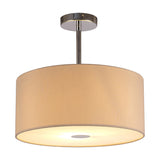 Baymont 40cm semi-flush ceiling light with beige faux silk drum shade, frosted acrylic diffuser, and polished chrome ceiling plate, shown on a white background.