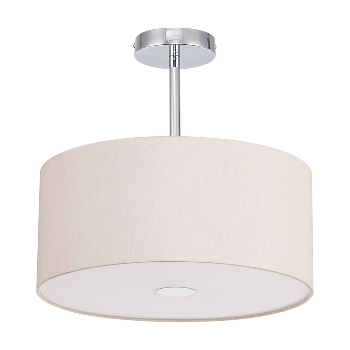 Baymont 40cm semi-flush ceiling light with a beige drum shade, frosted acrylic diffuser, and polished chrome ceiling plate, shown on a plain white background.