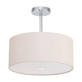 Baymont 40cm semi-flush ceiling light with a beige drum shade, frosted acrylic diffuser, and polished chrome ceiling plate, shown on a plain white background.