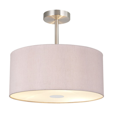 Baymont semi-flush ceiling light with a 40cm taupe faux silk drum shade, polished chrome ceiling plate and stem, frosted diffuser base, shown on a plain white background.