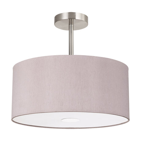 Baymont E27 semi-flush ceiling light with a 40cm taupe faux silk drum shade, frosted acrylic diffuser and polished chrome fitting, shown on a plain white background.
