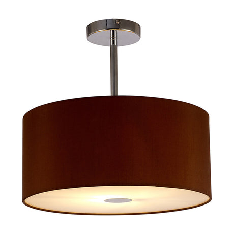 Baymont Semi Flush Ceiling Light, 40cm drum shade in raw cocoa with polished chrome rod and frosted diffuser, shown lit on a plain white background.