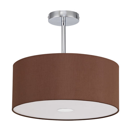 Baymont Semi Flush Ceiling Light 40cm, a drum-shaped fixture in raw cocoa brown fabric with a white diffuser base and polished chrome ceiling plate and stem, shown on a plain white background.