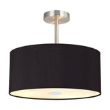 Baymont 40cm semi-flush ceiling light with black drum shade, polished chrome stem and frosted acrylic diffuser, shown on a plain white background.
